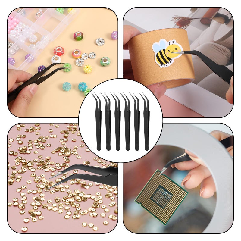 Josojoou 30Pcs Stainless Steel Craft Tweezers 4.9Inch Curved Pointed Tweezers with Protective Cover, Multipurpose High Precision Tweezer for Craft Sewing Stickers Eyelash Jewelry Making(Black) - Image 3